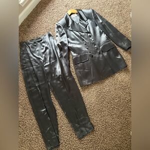 Vintage Mary McFadden Suit Silver Tuxedo Pantsuit Blazer Pants Size 8 “House 91”
